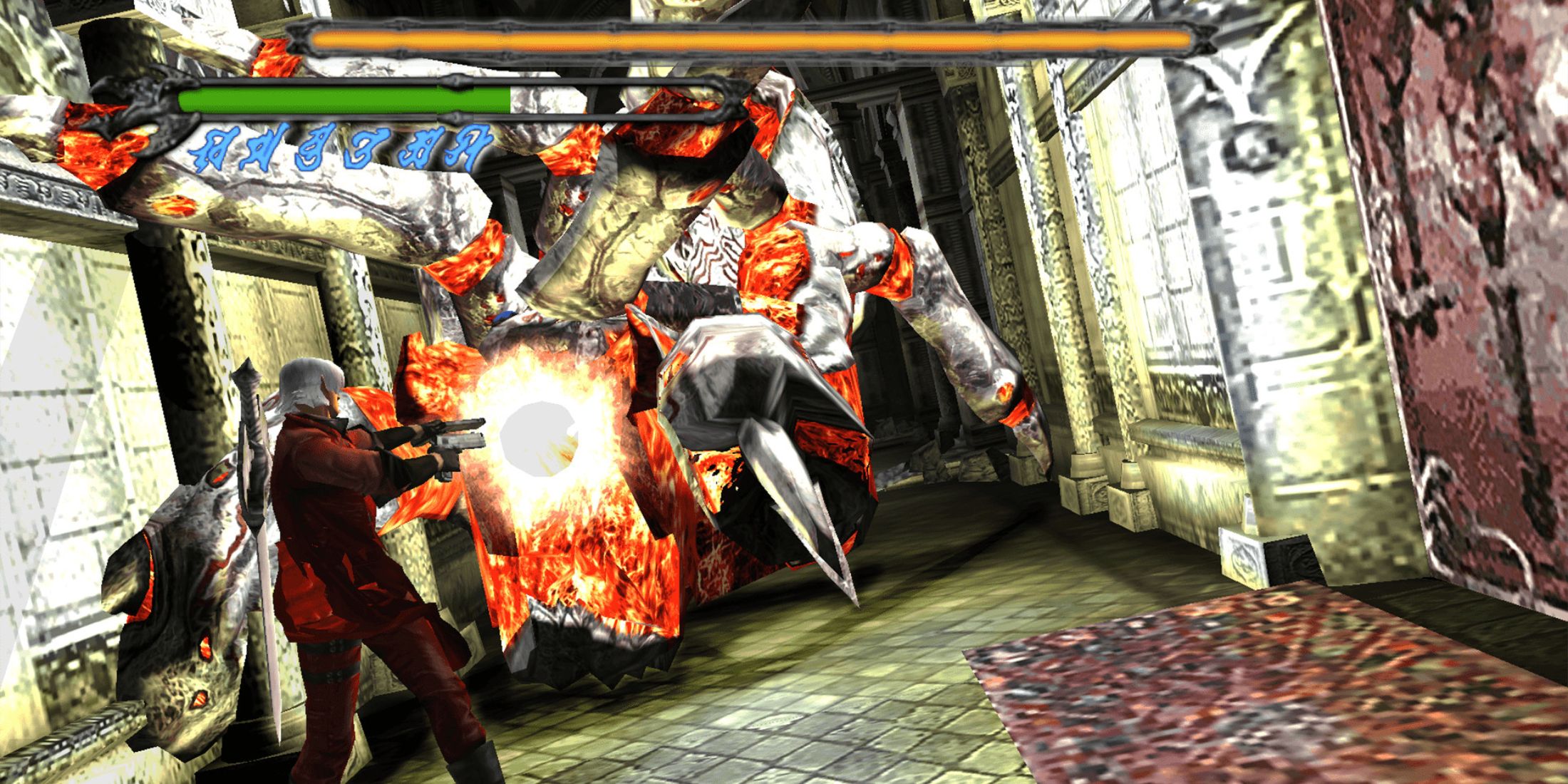 A screenshot of Dante fighting a boss in Devil May Cry