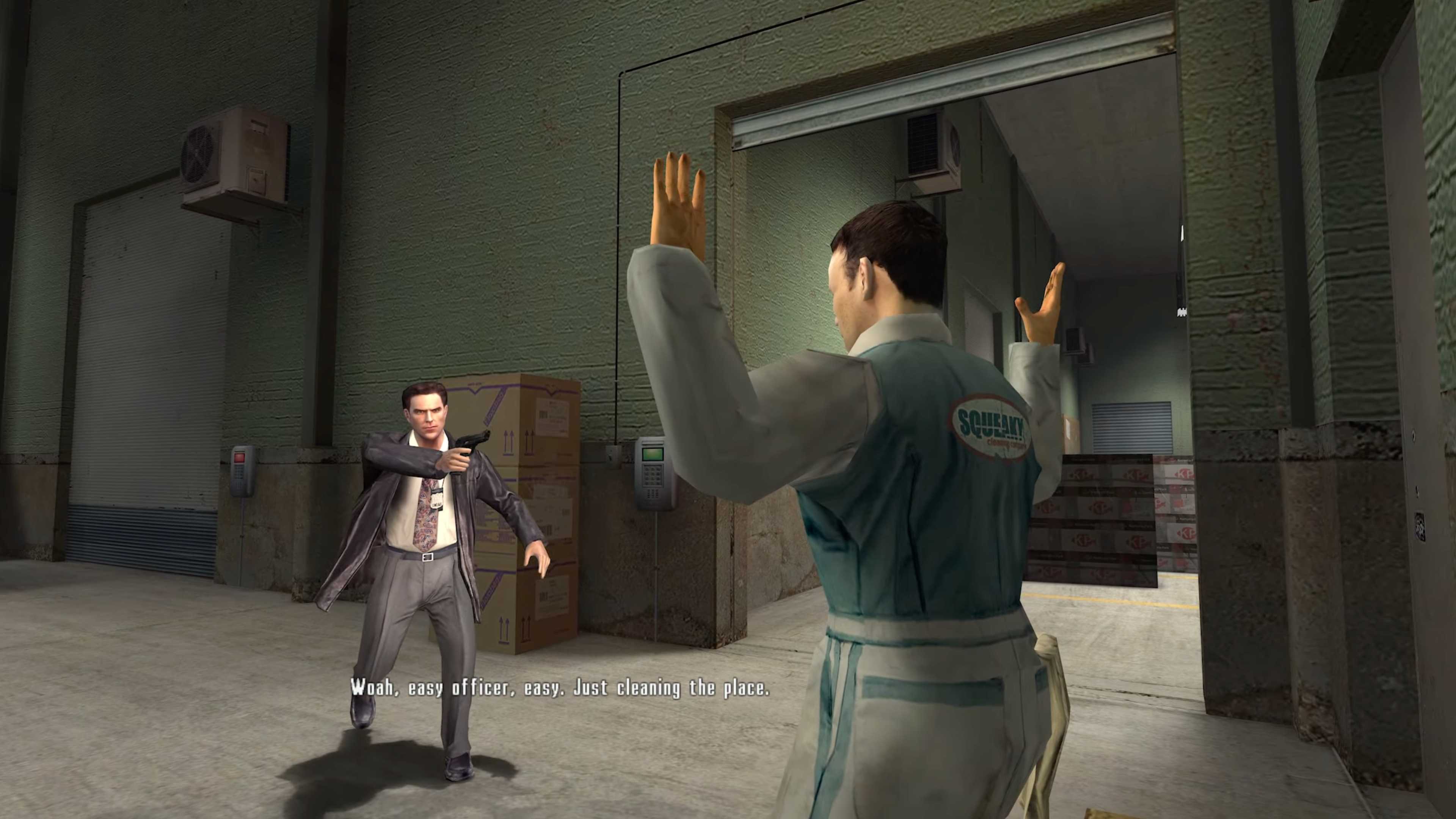 Screenshot from Max Payne 2: The Fall of Max Payne video game of two men with one holding a gun up to the other and one man putting his hands up.