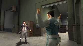 Screenshot from Max Payne 2: The Fall of Max Payne video game of two men with one holding a gun up to the other and one man putting his hands up.