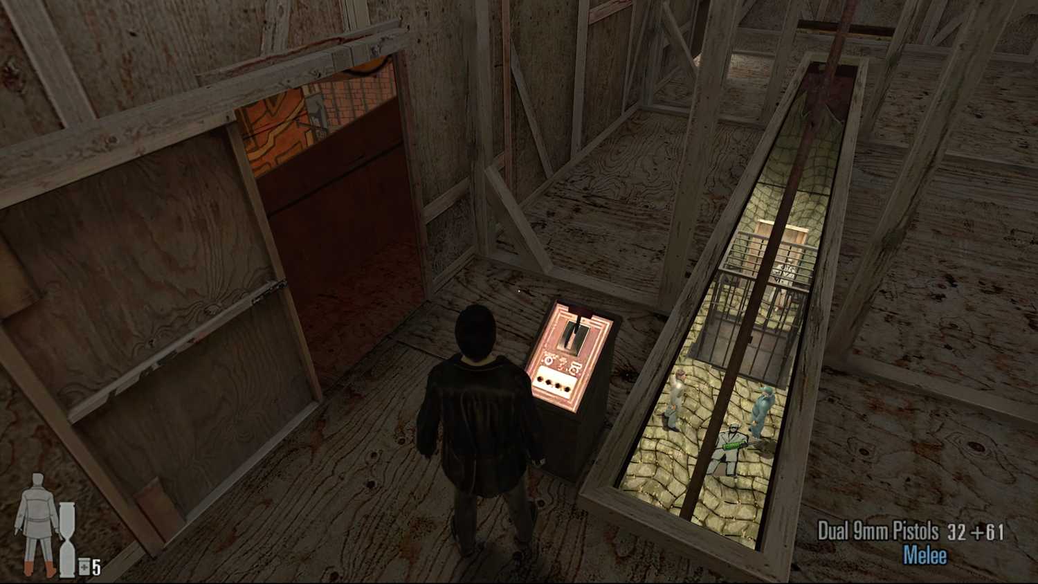 Screenshot from Max Payne 2: The Fall of Max Payne video game of Max Payne standing in unfinished building