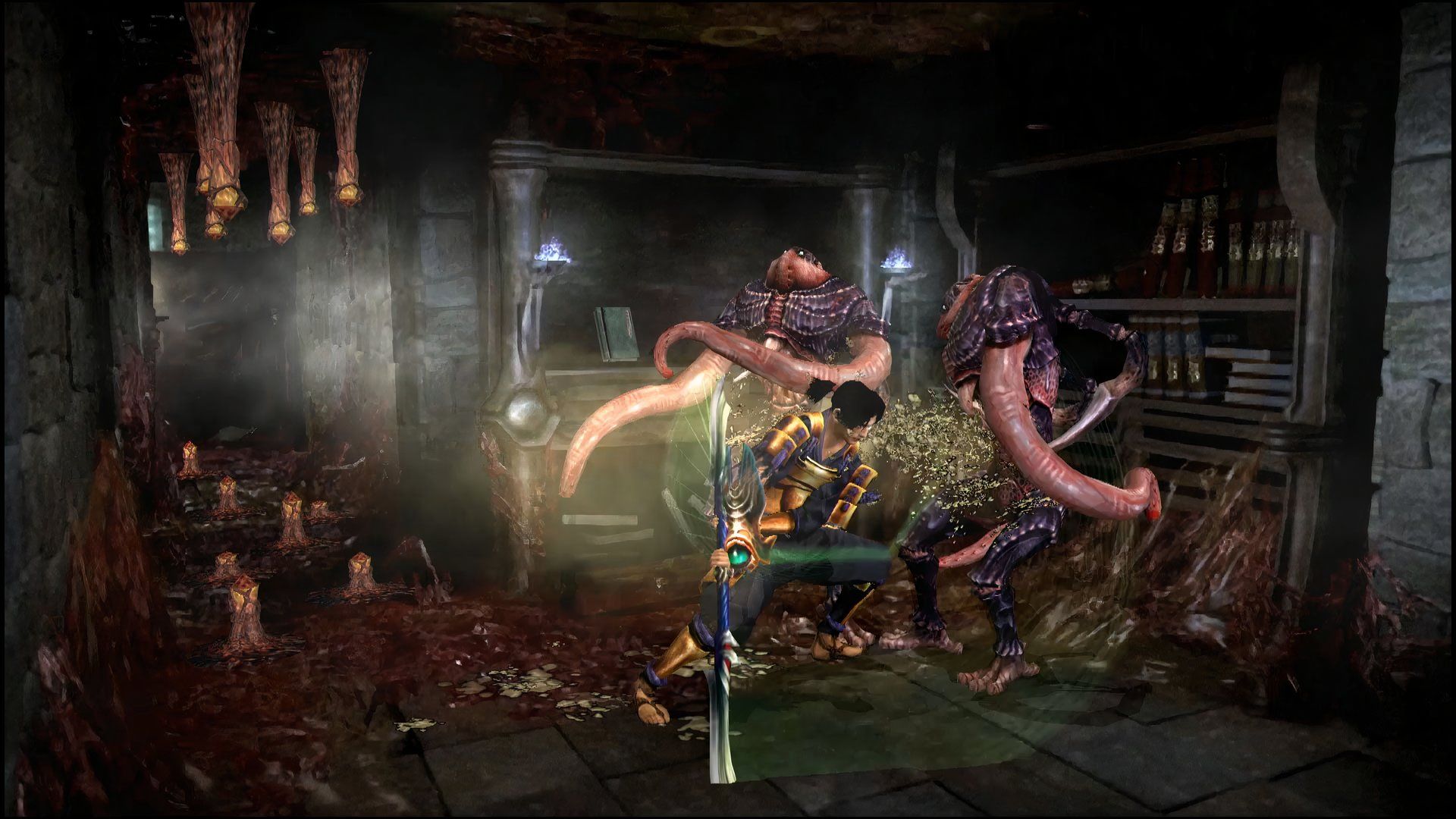 A screenshot of Samonoske fighting a tentacle enemy in Onimusha Warlords