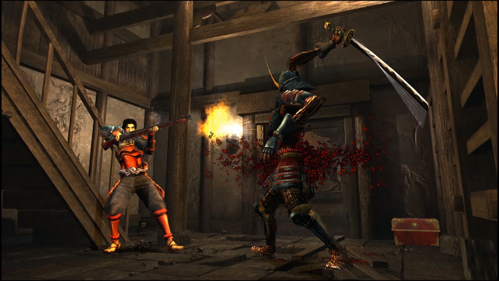 A screenshot of Samonoske fighting a large enemy in Onimusha Warlords