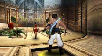Prince of Persia: Sands of Time the prince looking at a woman in red