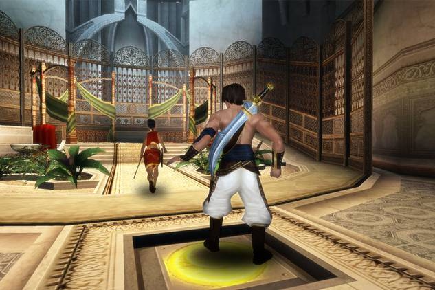 Prince of Persia: Sands of Time the prince looking at a woman in red