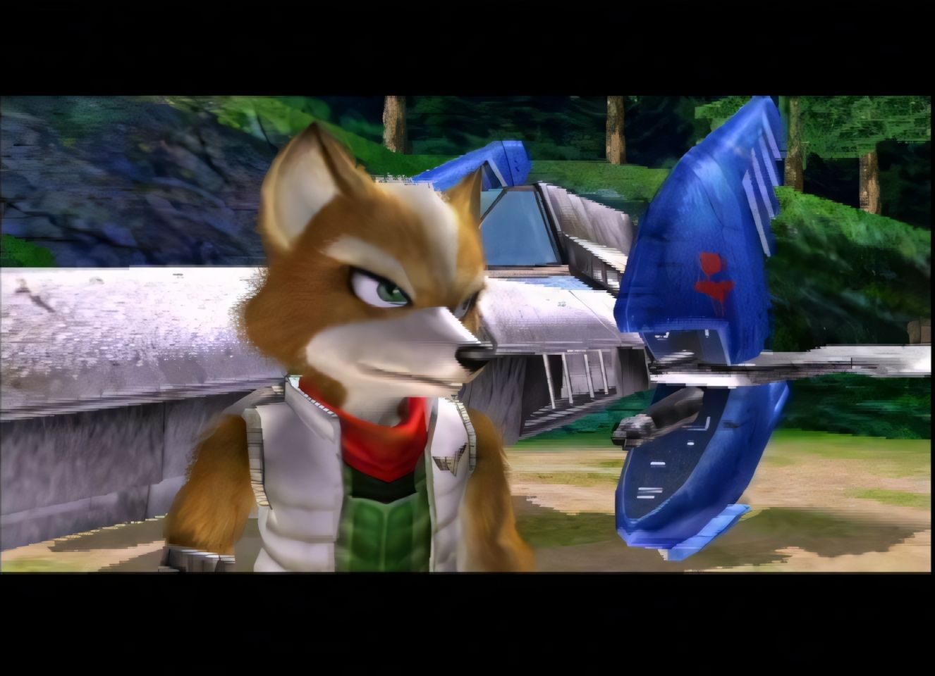 A screenshot of Fox arriving on a planet in Star Fox Adventures