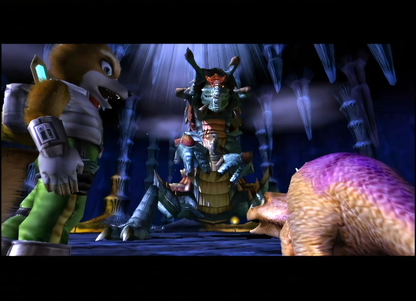 A screenshot of Fox and his ally against a giant boss in Star Fox Adventures
