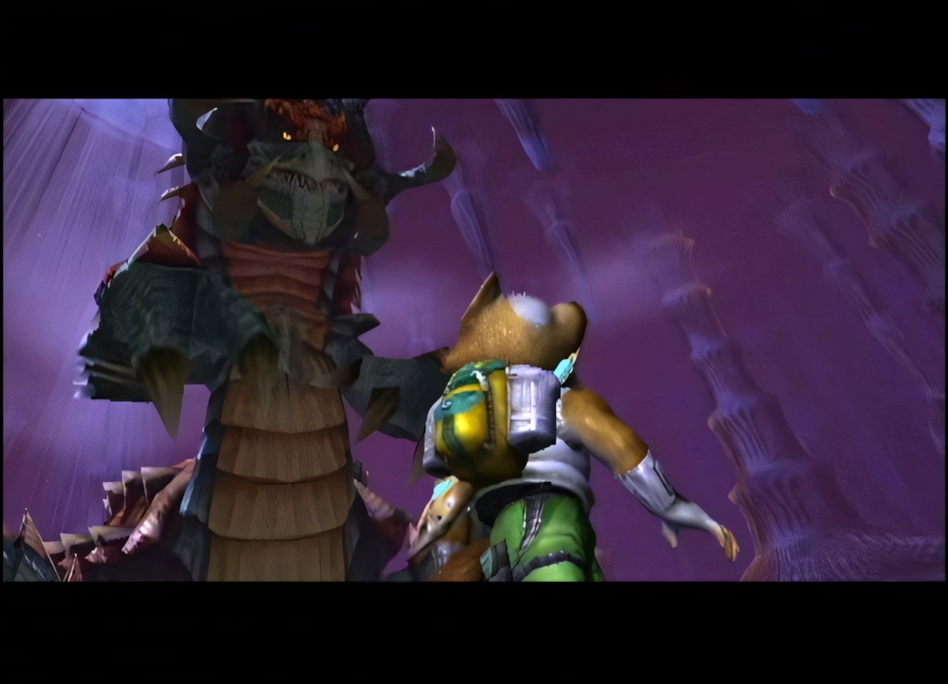 A screenshot of Fox fighting a giant enemy in Star Fox Adventures