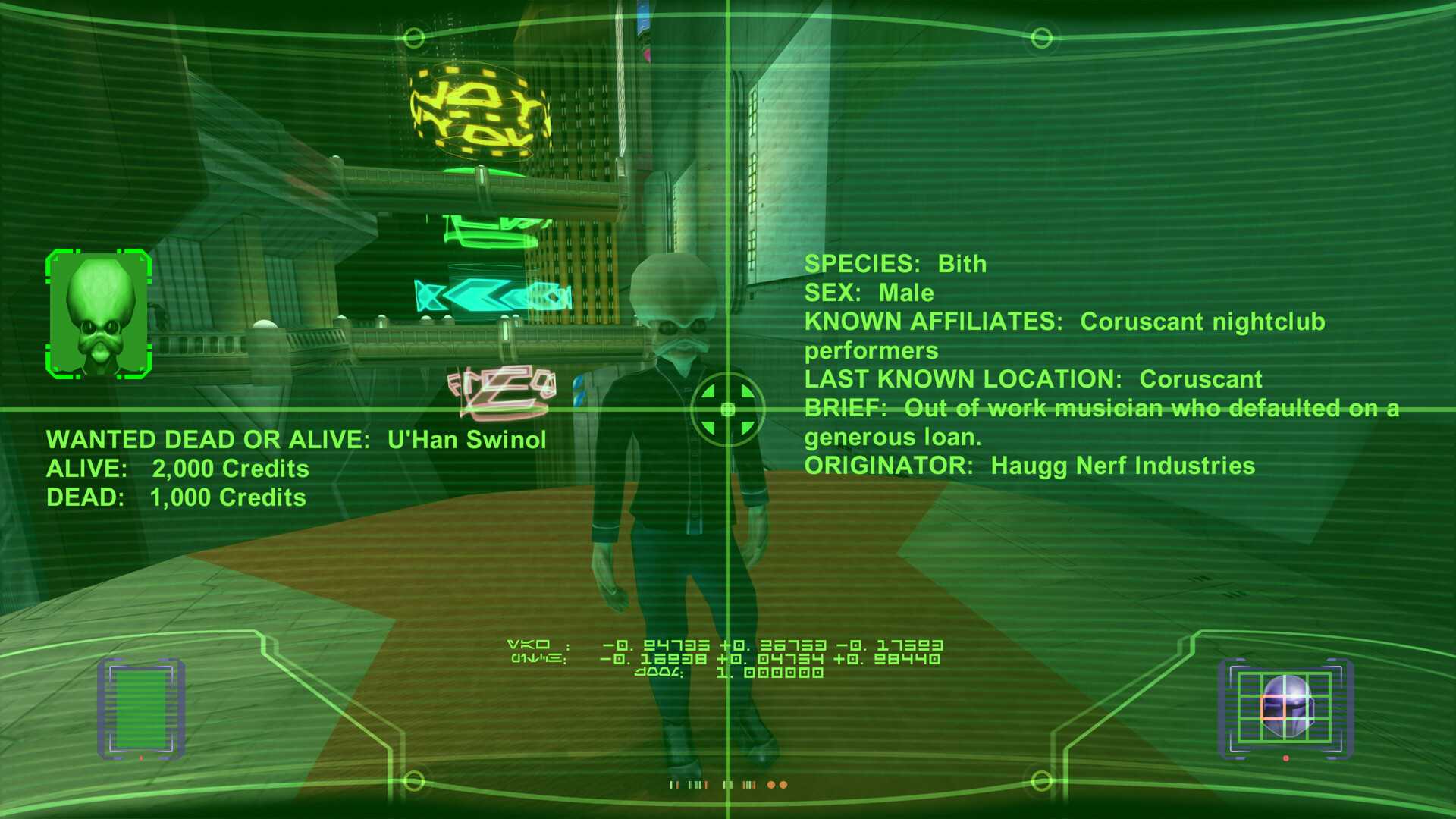 A screenshot of Jango Fett scanning a bounty in Star Wars Bounty Hunter