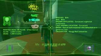 A screenshot of Jango Fett scanning a bounty in Star Wars Bounty Hunter