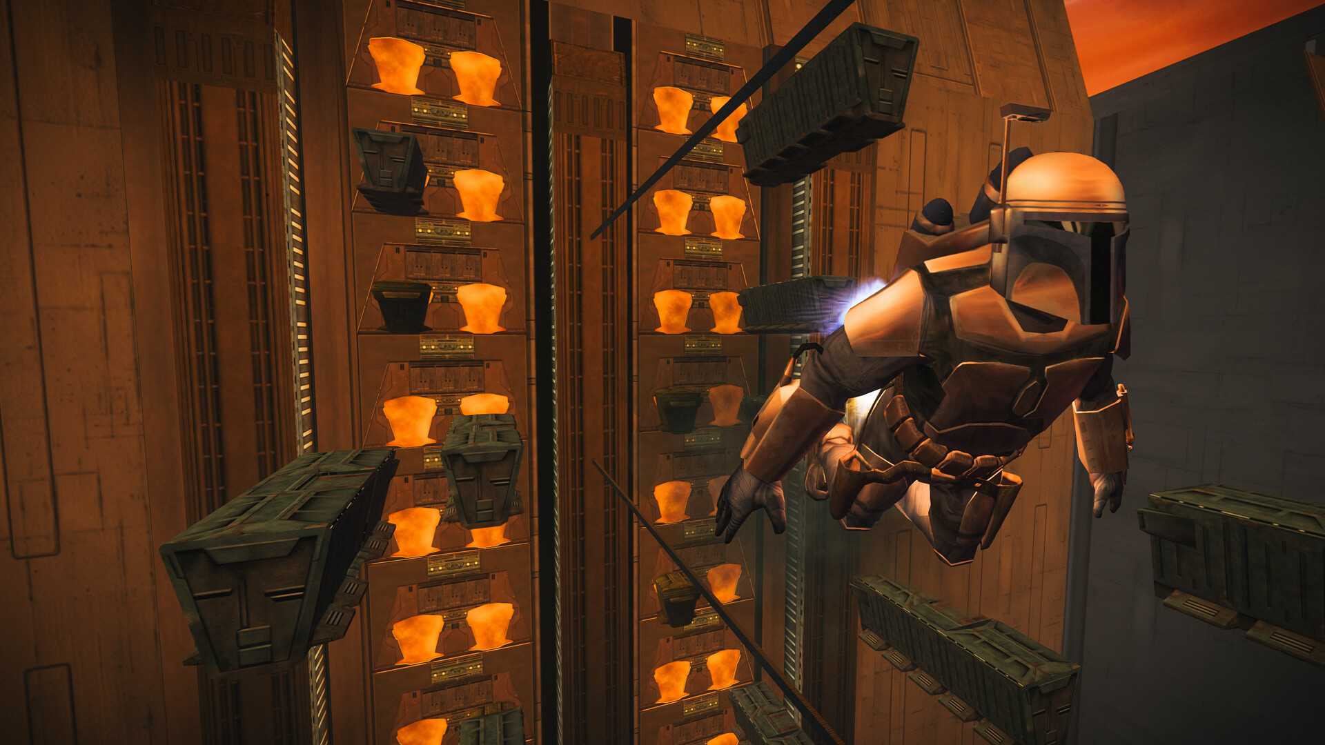 A screenshot of Jango Fett using hit jetpack in Star Wars Bounty Hunter