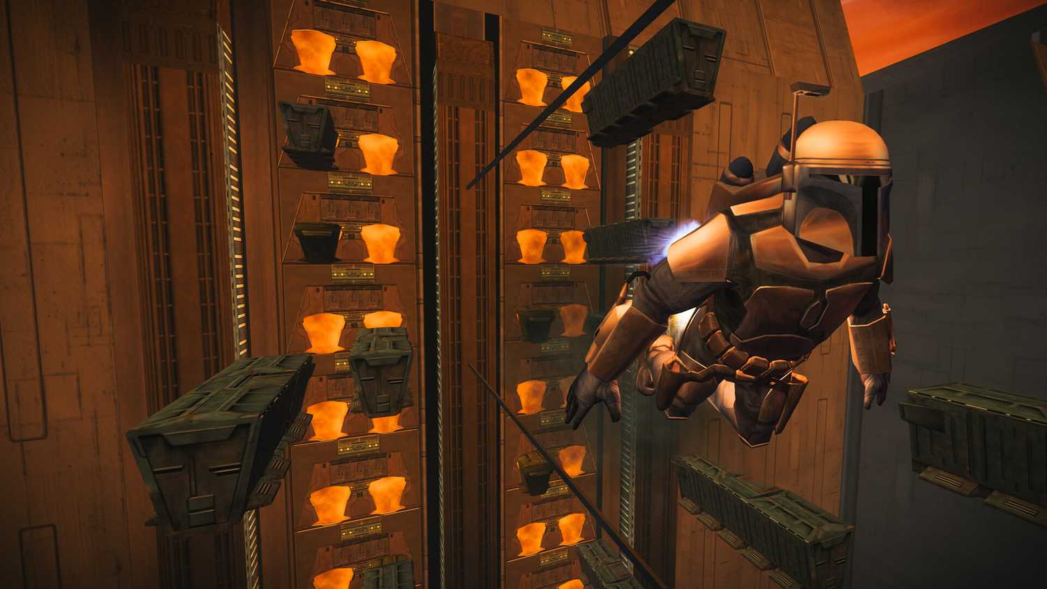 A screenshot of Jango Fett using hit jetpack in Star Wars Bounty Hunter