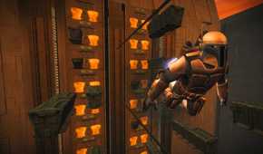 A screenshot of Jango Fett using hit jetpack in Star Wars Bounty Hunter