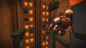 A screenshot of Jango Fett using hit jetpack in Star Wars Bounty Hunter