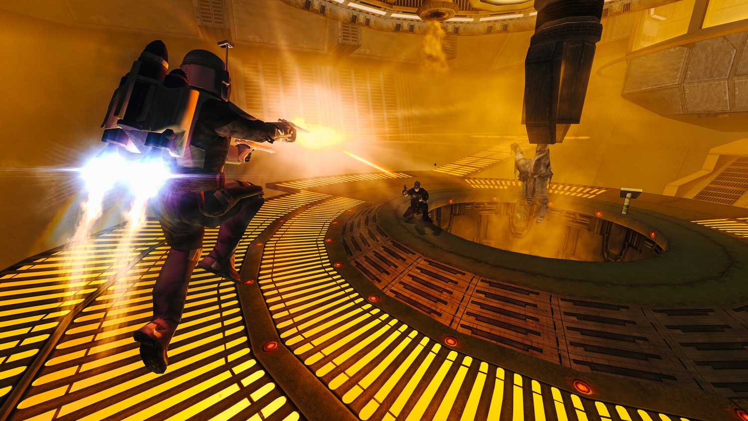 A screenshot of Jango Fett in a shootout in Star Wars Bounty Hunter
