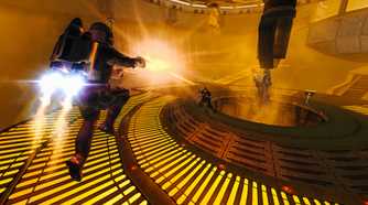 A screenshot of Jango Fett in a shootout in Star Wars Bounty Hunter