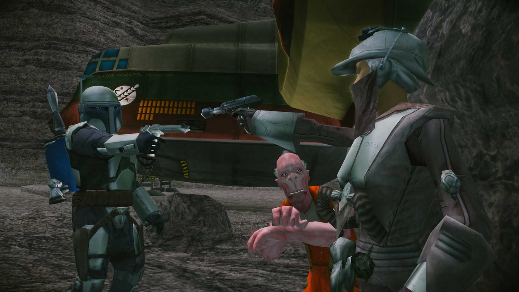 A screenshot of Jango Fett in a standoff in Star Wars: Bounty Hunter