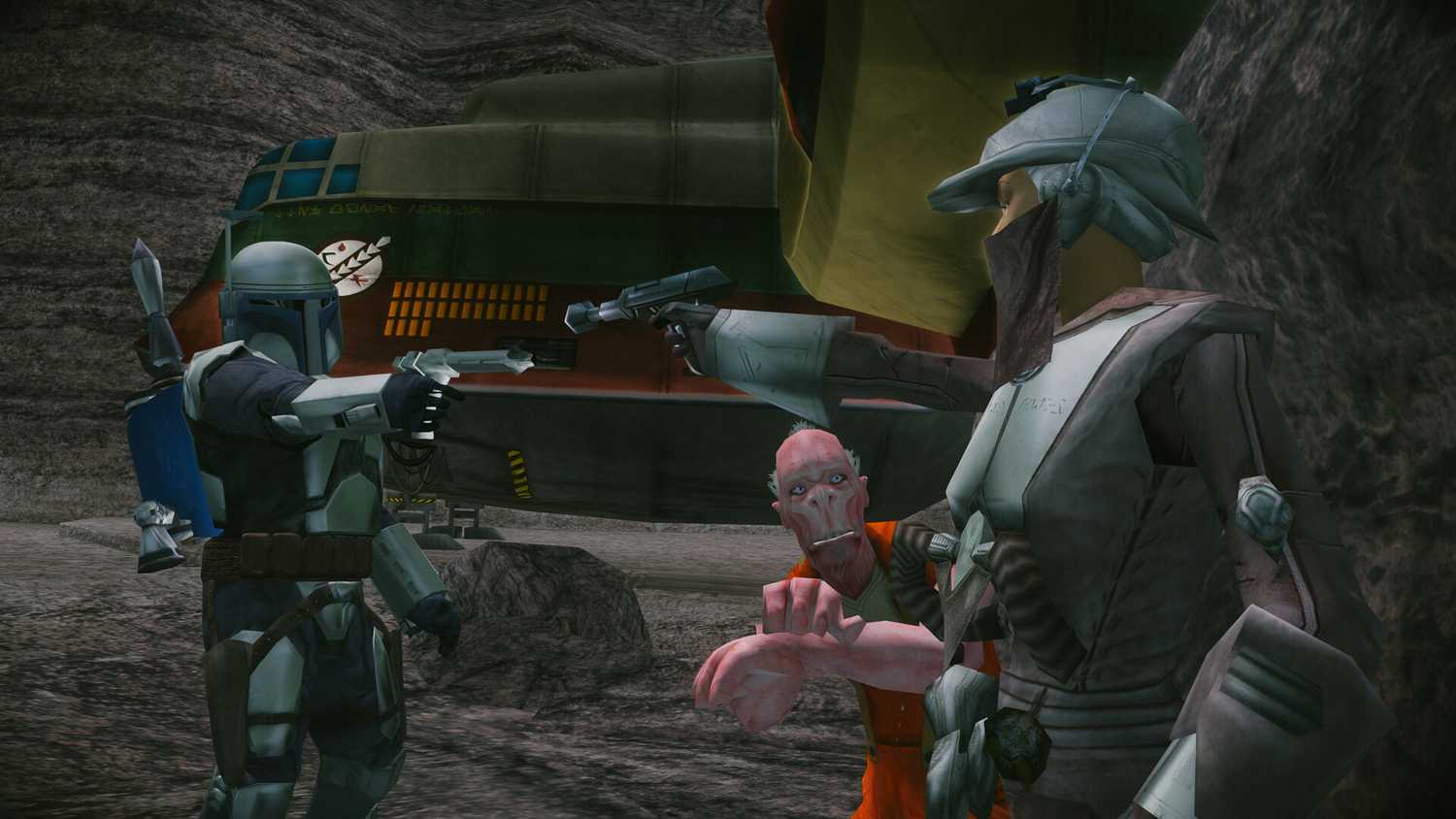 A screenshot of Jango Fett in a standoff in Star Wars: Bounty Hunter