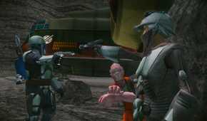 A screenshot of Jango Fett in a standoff in Star Wars: Bounty Hunter