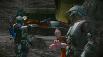 A screenshot of Jango Fett in a standoff in Star Wars: Bounty Hunter