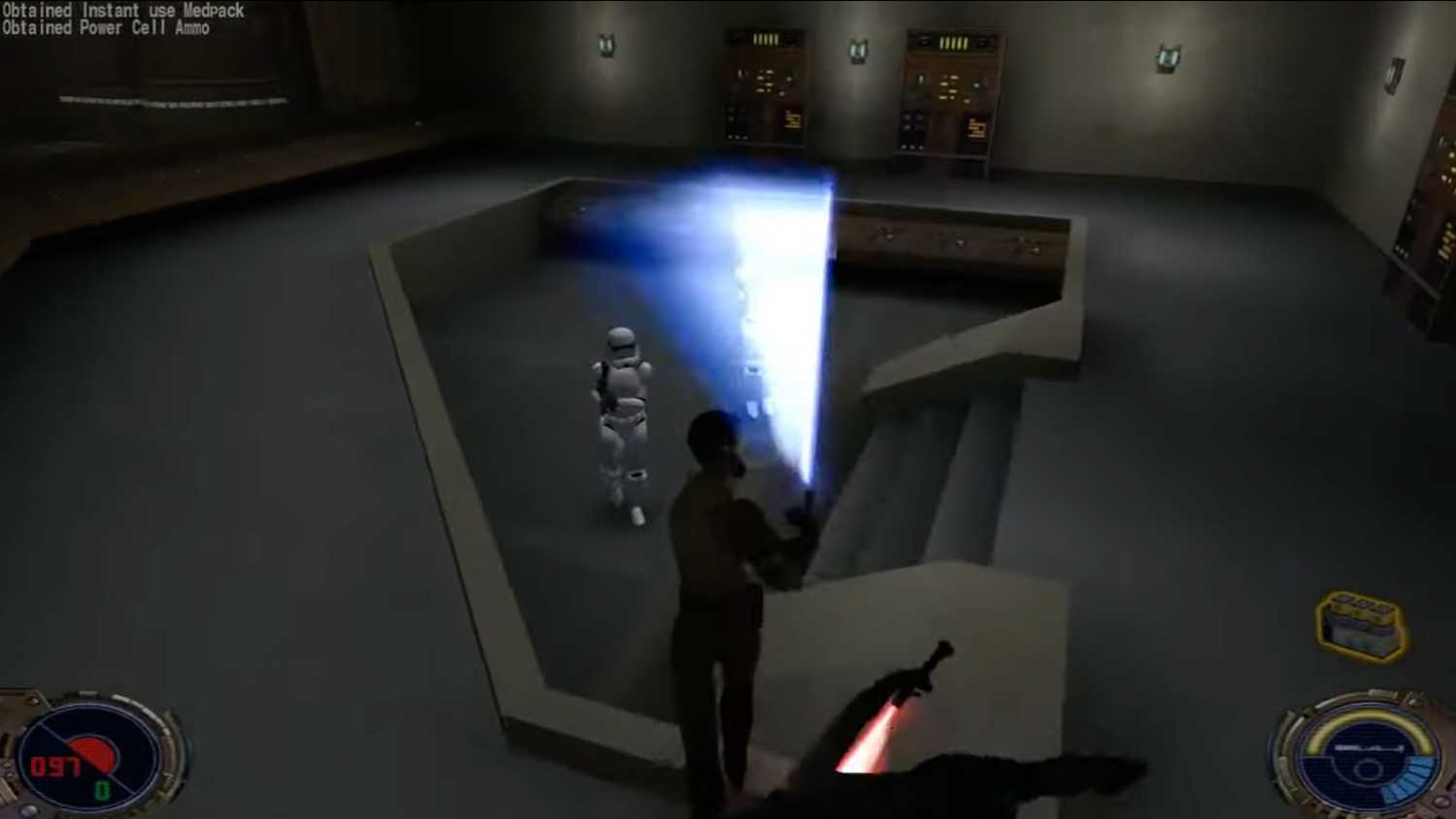 A screenshot of lightsaber combat from Star Wars Jedi Knight 2: Jedi Outcast