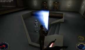 A screenshot of lightsaber combat from Star Wars Jedi Knight 2: Jedi Outcast