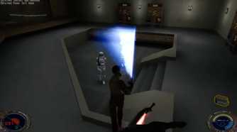 A screenshot of lightsaber combat from Star Wars Jedi Knight 2: Jedi Outcast