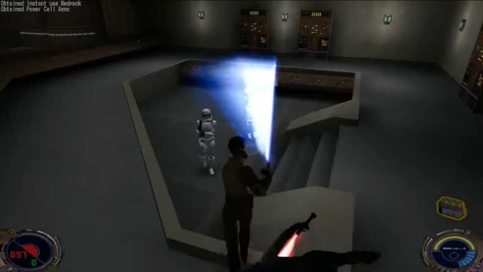 A screenshot of lightsaber combat from Star Wars Jedi Knight 2: Jedi Outcast