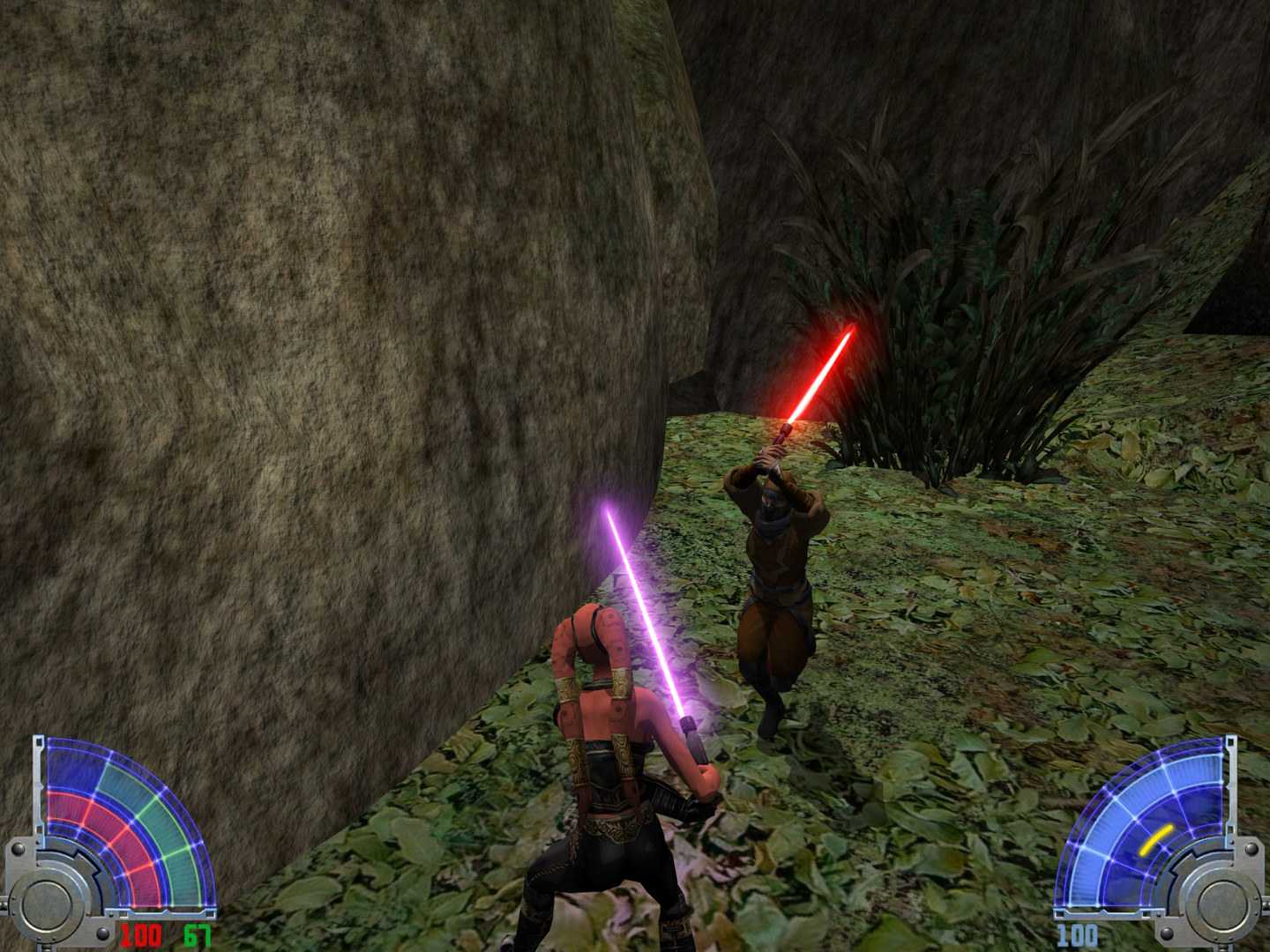 A screenshot of lightsaber combat from Star Wars Jedi Knight: Jedi Academy