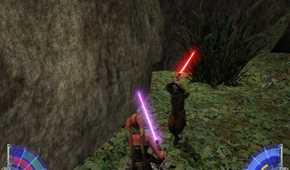 A screenshot of lightsaber combat from Star Wars Jedi Knight: Jedi Academy