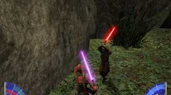 A screenshot of lightsaber combat from Star Wars Jedi Knight: Jedi Academy