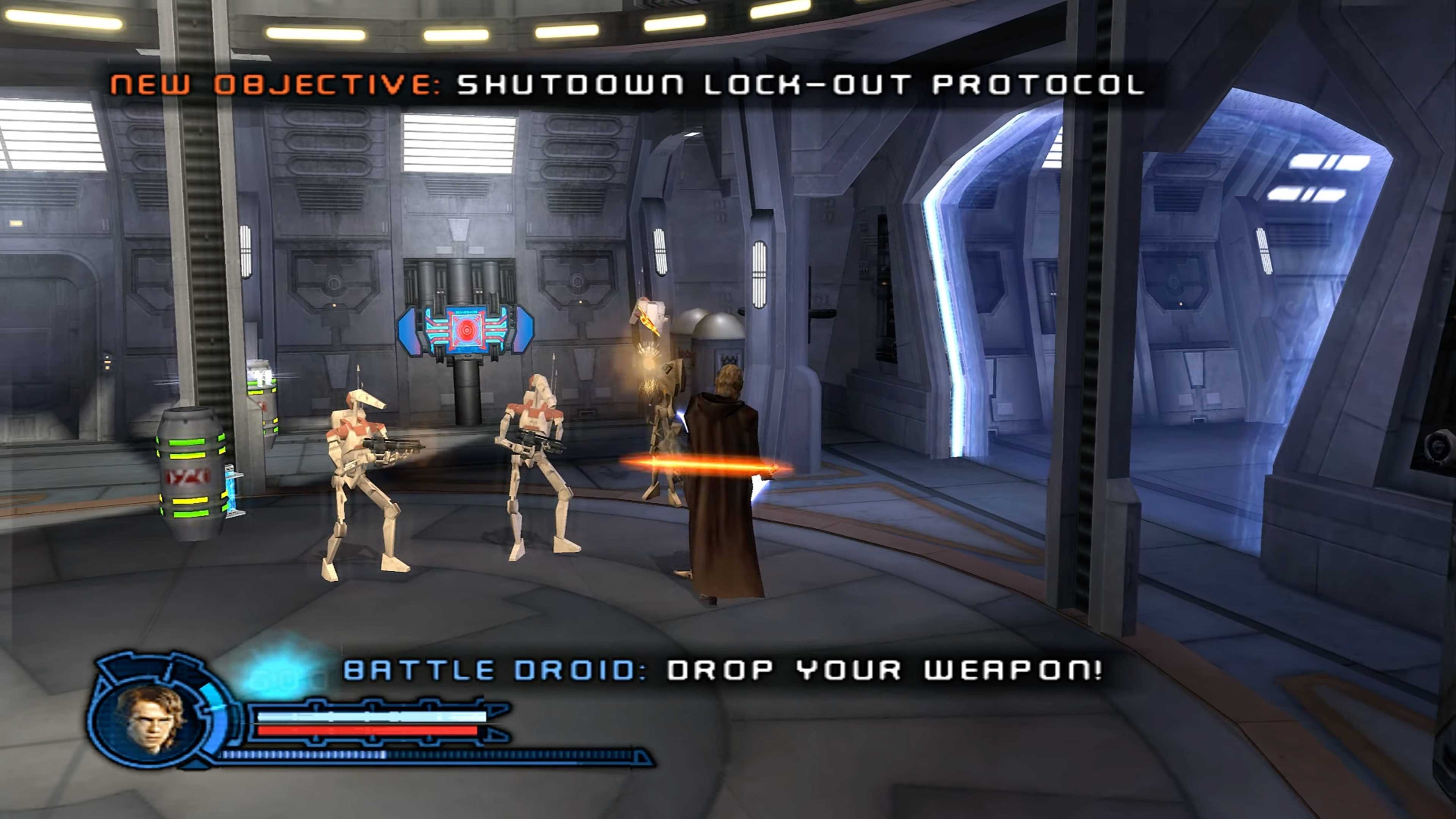 A screenshot of Anakin Skywalker battling droids in Star Wars Episode III: Revenge of the Sith