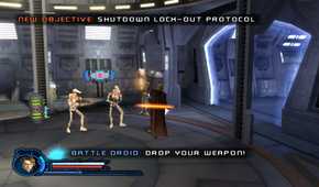 A screenshot of Anakin Skywalker battling droids in Star Wars Episode III: Revenge of the Sith