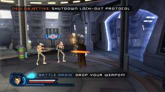 A screenshot of Anakin Skywalker battling droids in Star Wars Episode III: Revenge of the Sith