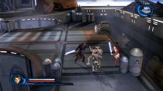 A screenshot of Anakin and Obi-Wan fighting droids in Star Wars Episode III: Revenge of the Sith