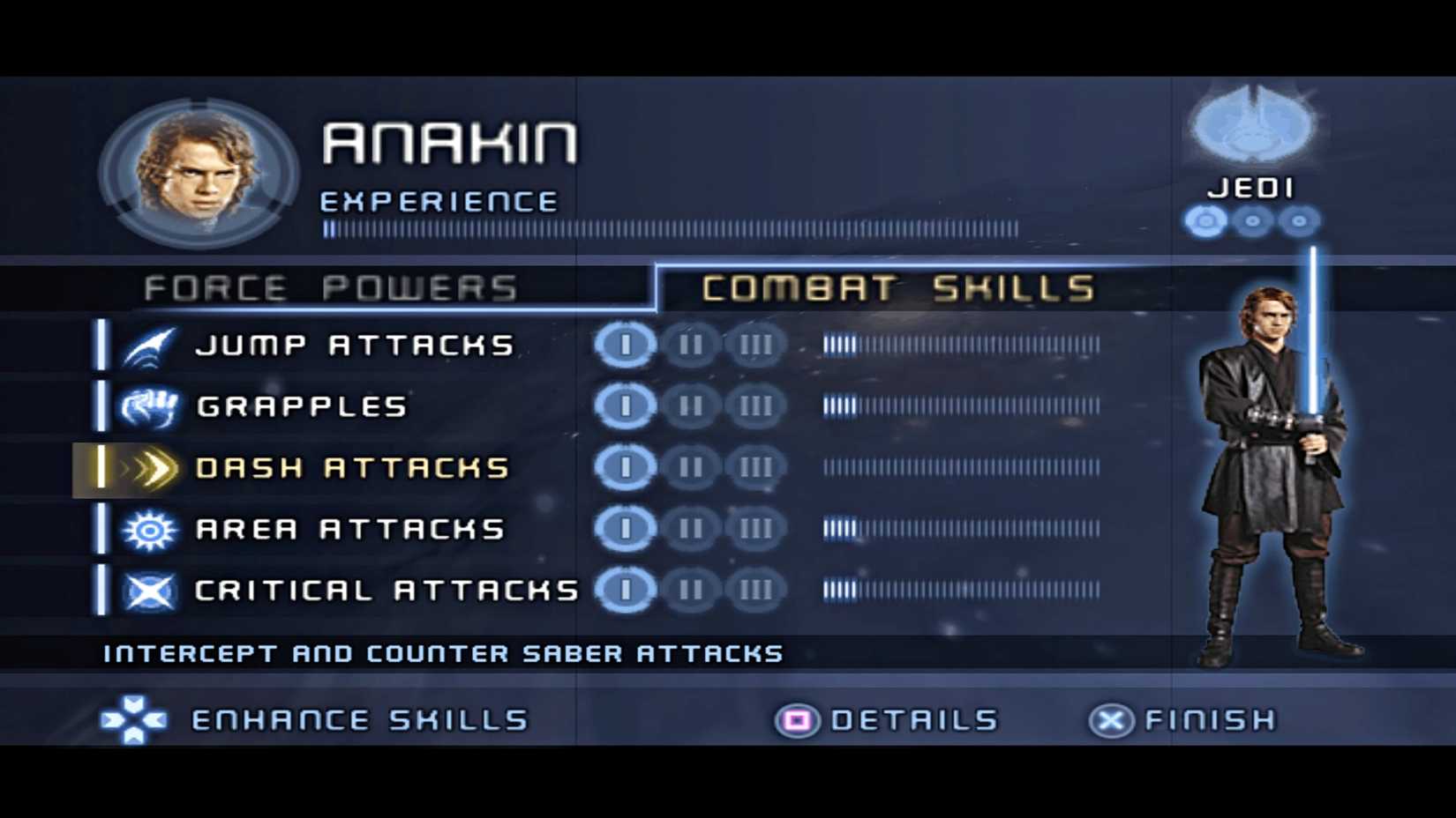A screenshot of the skills for Anakin Skywalker in Star Wars Episode III: Revenge of the Sith