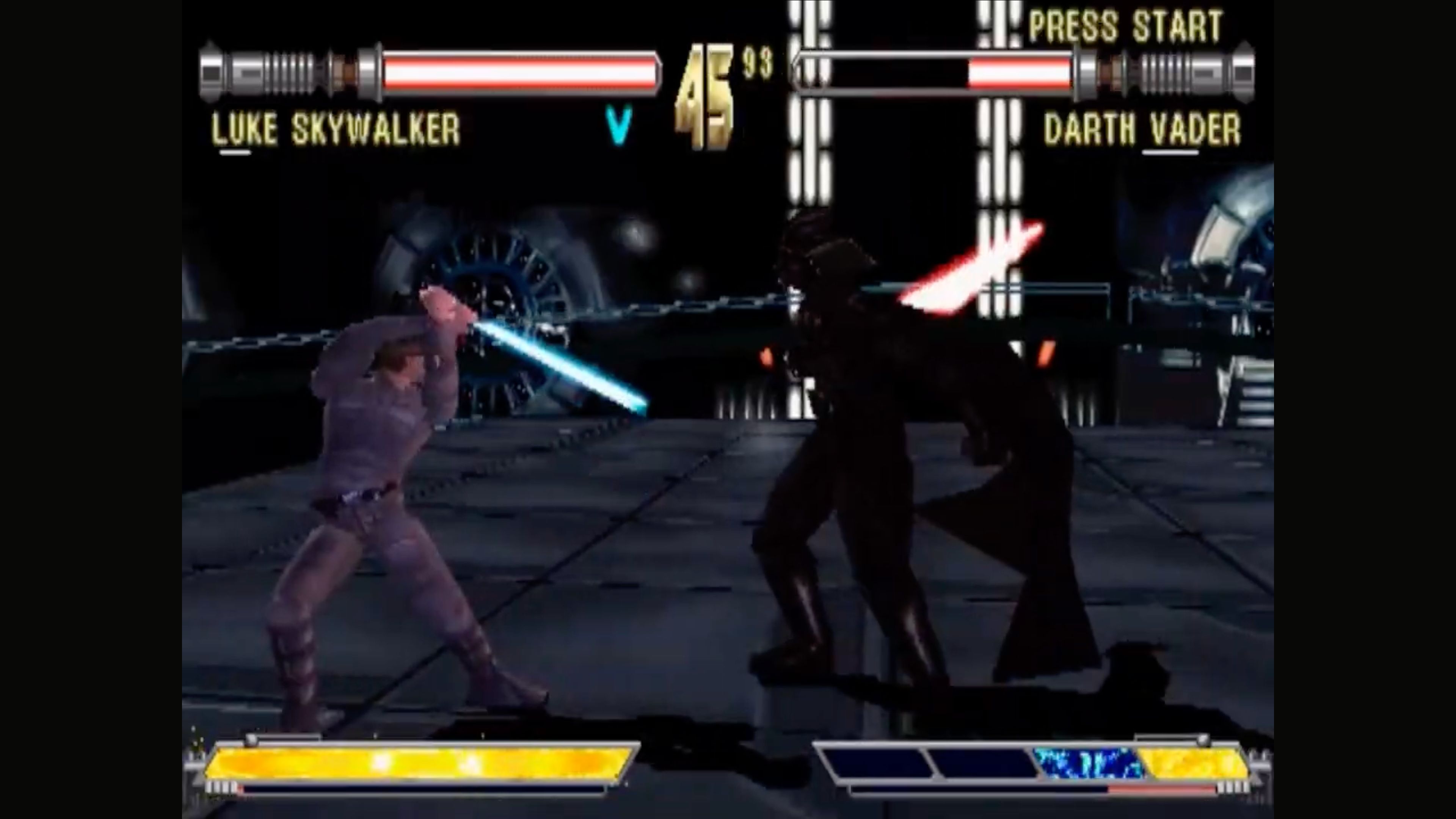 A screenshot of Luke Skywalker fighting Darth Vader in Star Wars Masters of Teras Kasi