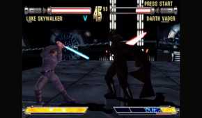 A screenshot of Luke Skywalker fighting Darth Vader in Star Wars Masters of Teras Kasi