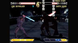 A screenshot of Luke Skywalker fighting Darth Vader in Star Wars Masters of Teras Kasi