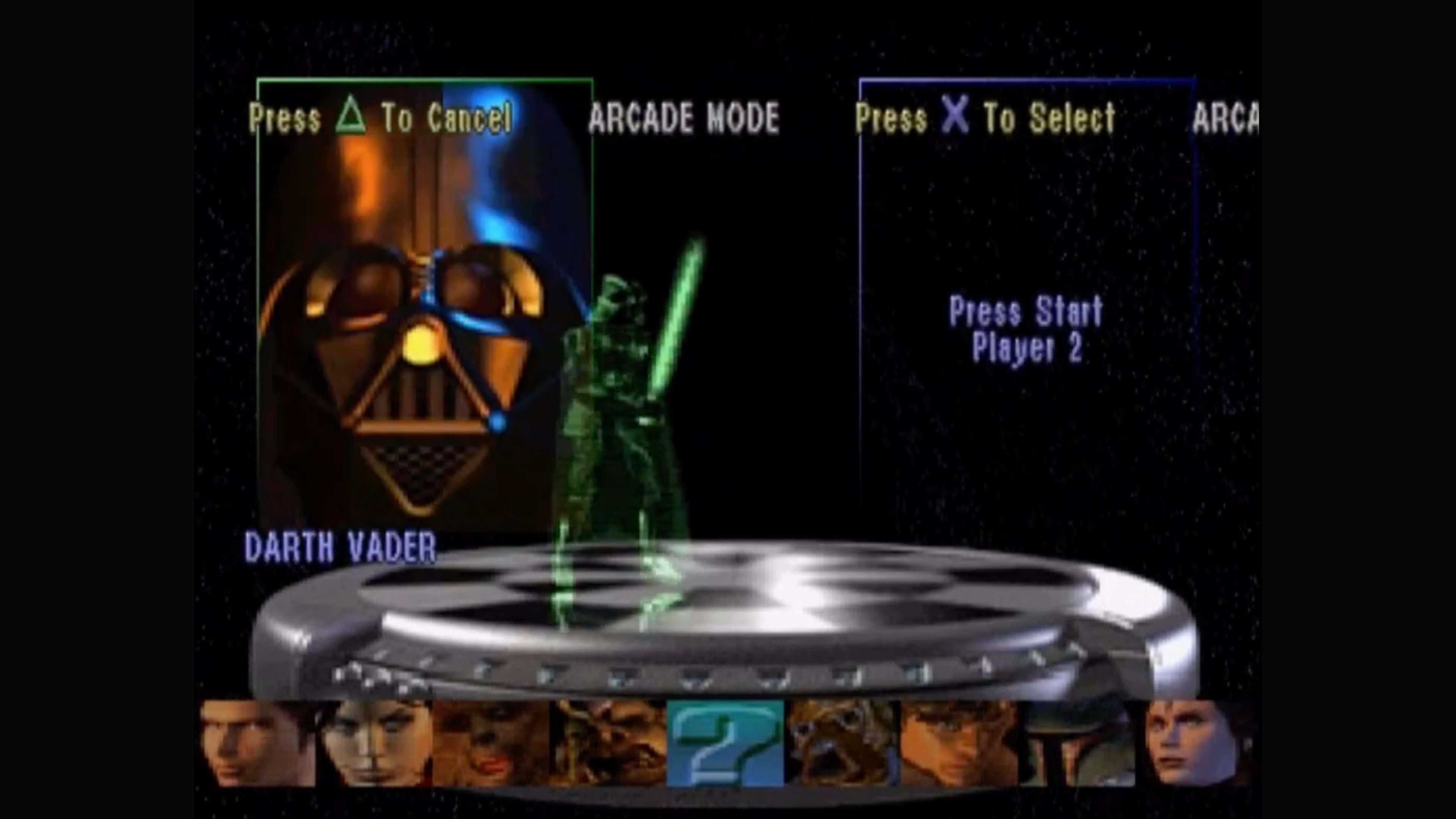 A screenshot of the character select screen in Star Wars Masters of Teras Kasi
