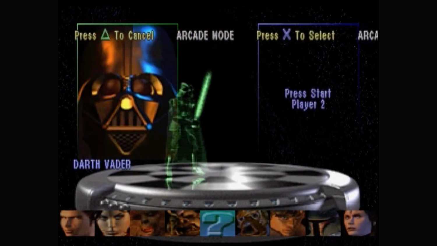 A screenshot of the character select screen in Star Wars Masters of Teras Kasi
