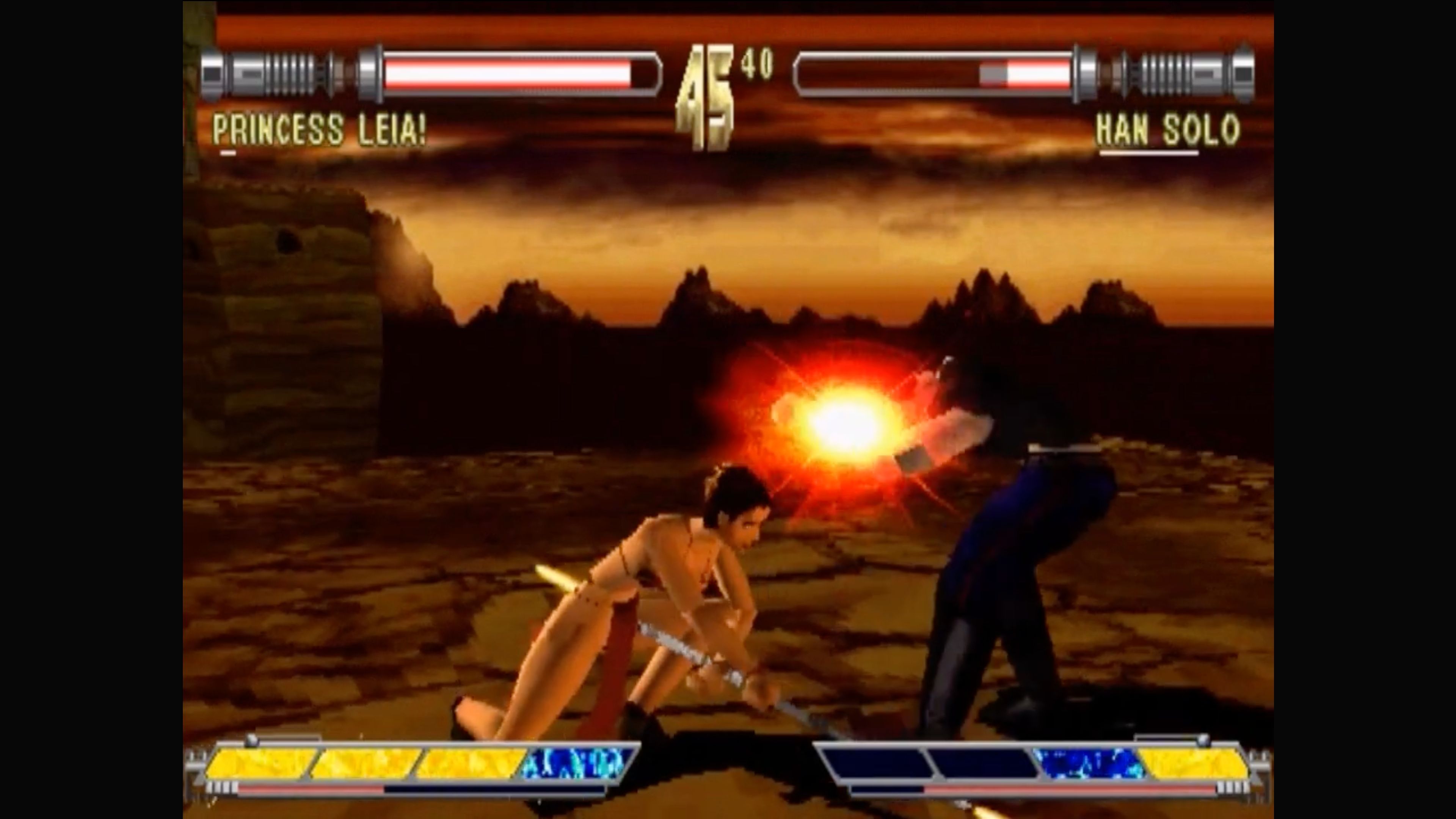 A screenshot of Leia fighting Han Solo in Star Wars Masters of Teras Kasi