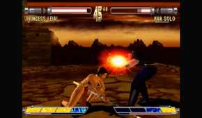 A screenshot of Leia fighting Han Solo in Star Wars Masters of Teras Kasi