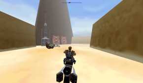 A screenshot Dash riding a Swoop Bike in Star Wars: Shadows of the Empire