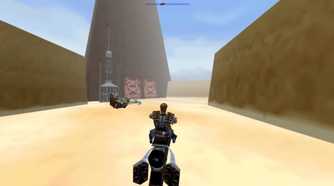 A screenshot Dash riding a Swoop Bike in Star Wars: Shadows of the Empire