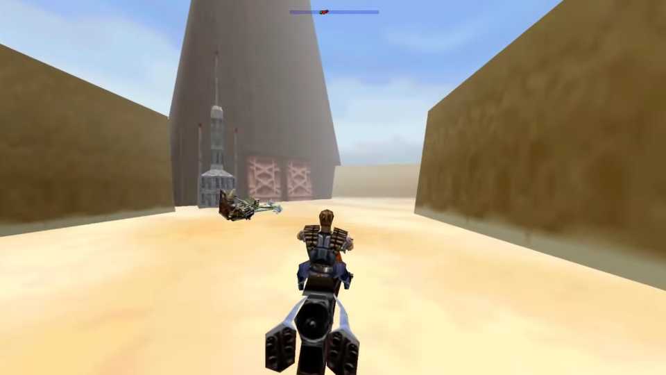 A screenshot Dash riding a Swoop Bike in Star Wars: Shadows of the Empire
