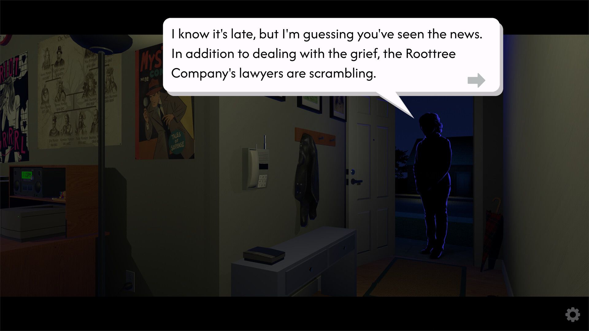 the roottrees are dead, character at the door
