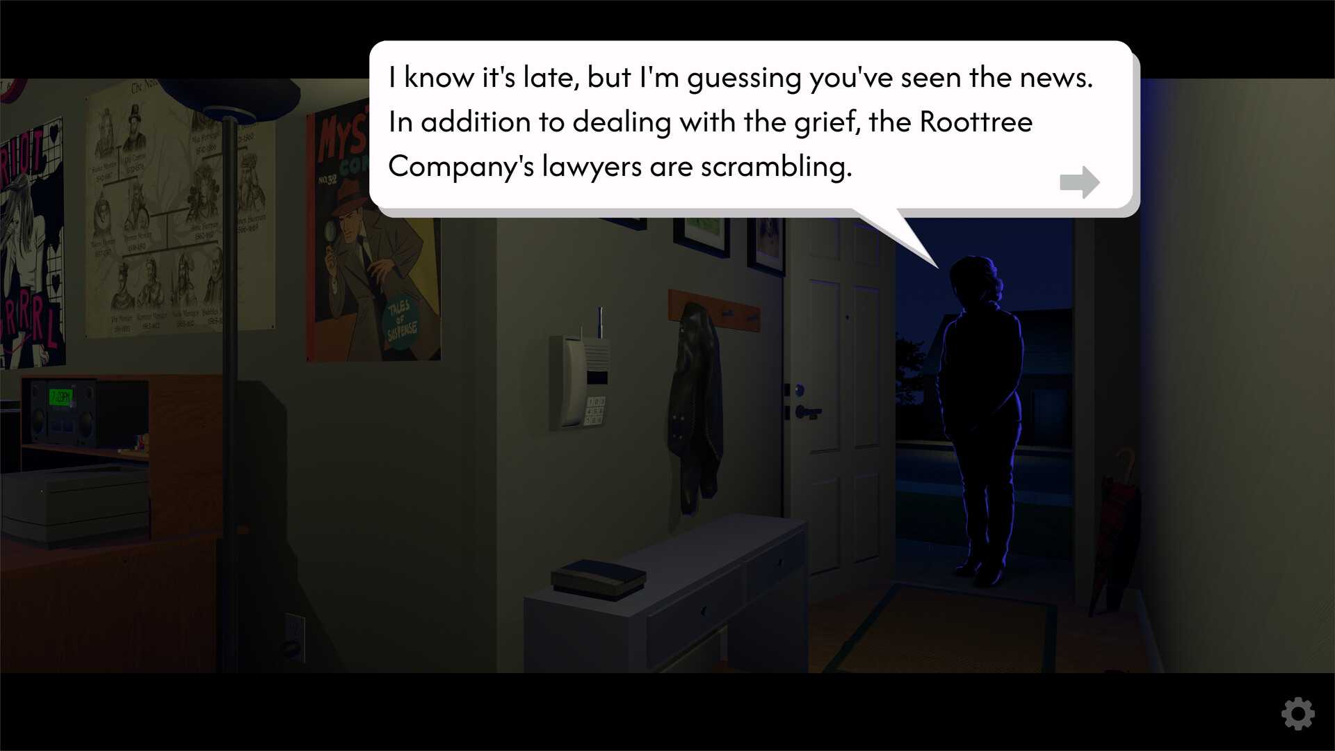 the roottrees are dead, character at the door