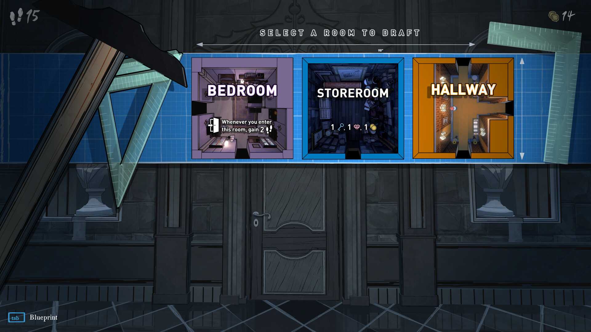 Blue Prince drafting a new room screen