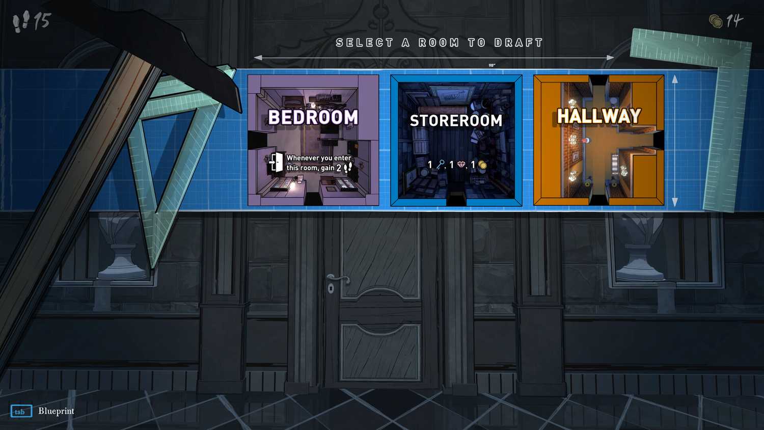 Blue Prince drafting a new room screen