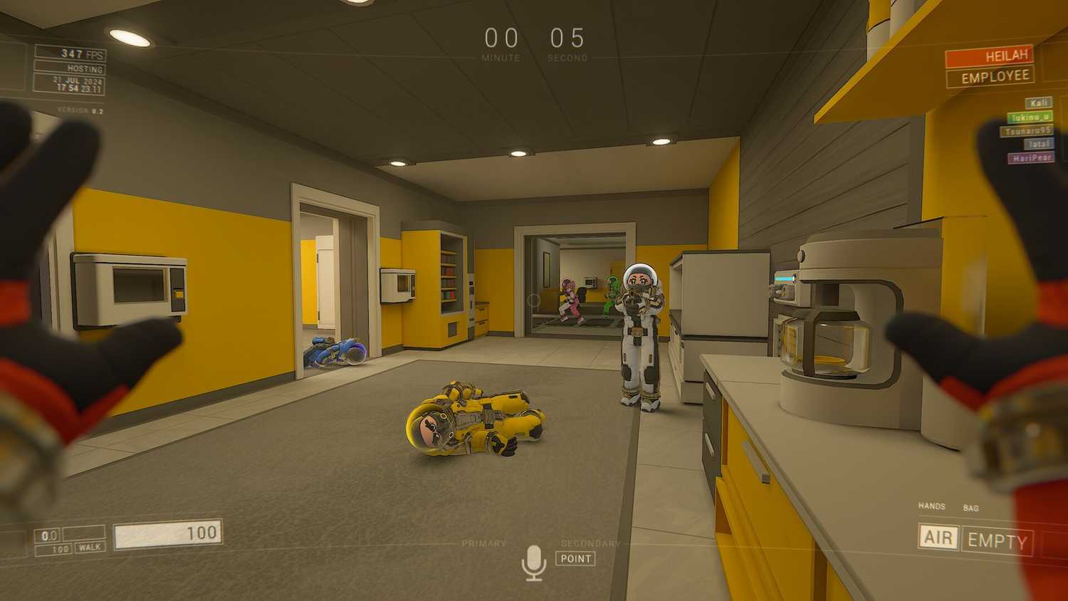 A player pointing a gun at another player with his hands up